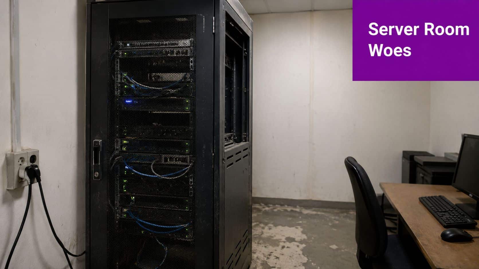 A black server rack cabinet stands inside a dimly lit IT room next to a computer desk.