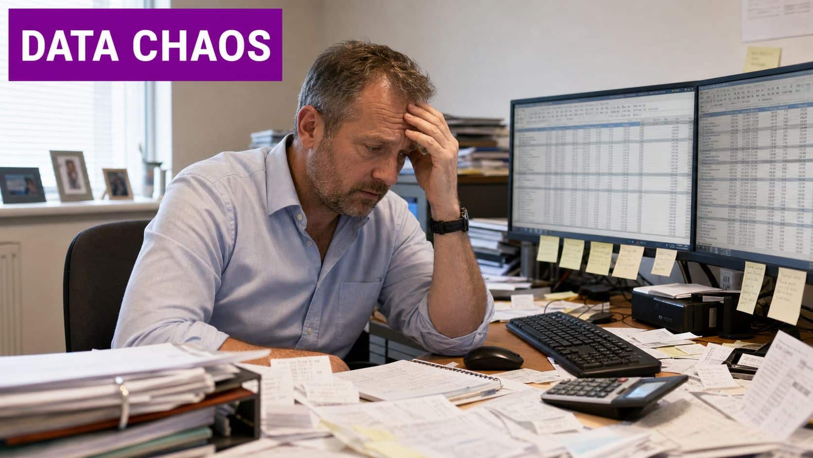 A stressed man sitting at a messy desk with piles of paperwork while looking at computer screens.