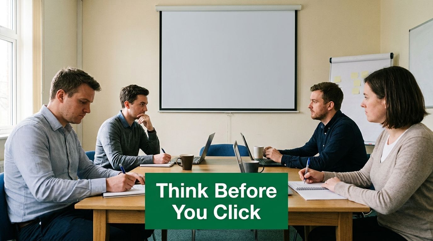 A professional team sitting at a conference table discussing cyber security during a business meeting.