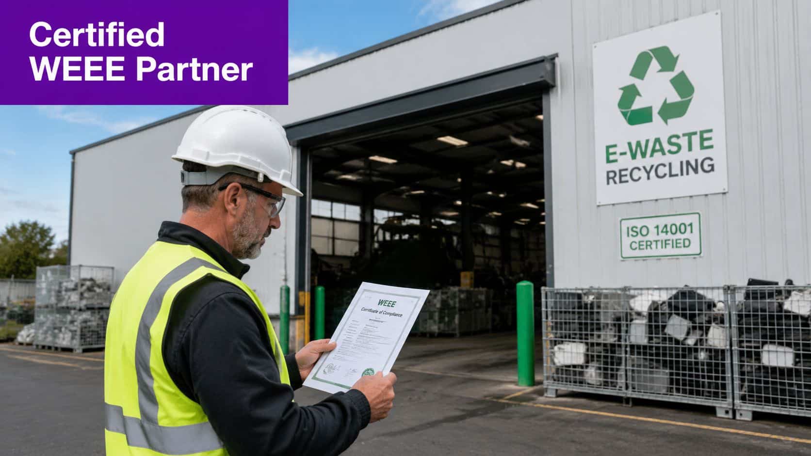 A professional in safety gear holds a WEEE certificate in front of an e-waste recycling facility.