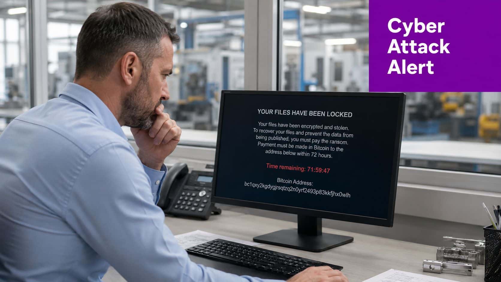 A concerned man in a business shirt looking at a computer screen displaying a ransomware attack notification.