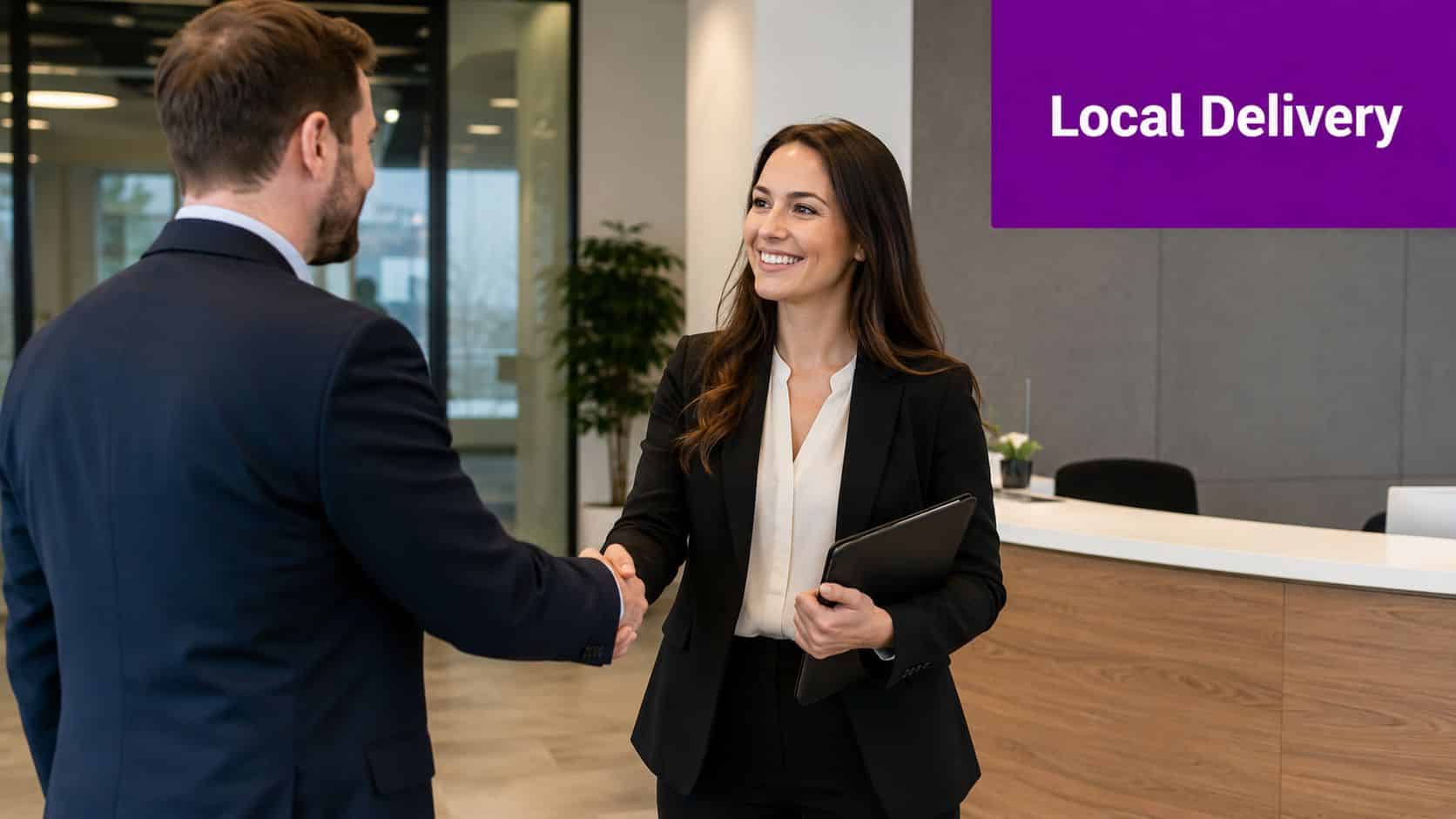 A professional man and woman shaking hands in a bright, modern corporate office reception area.