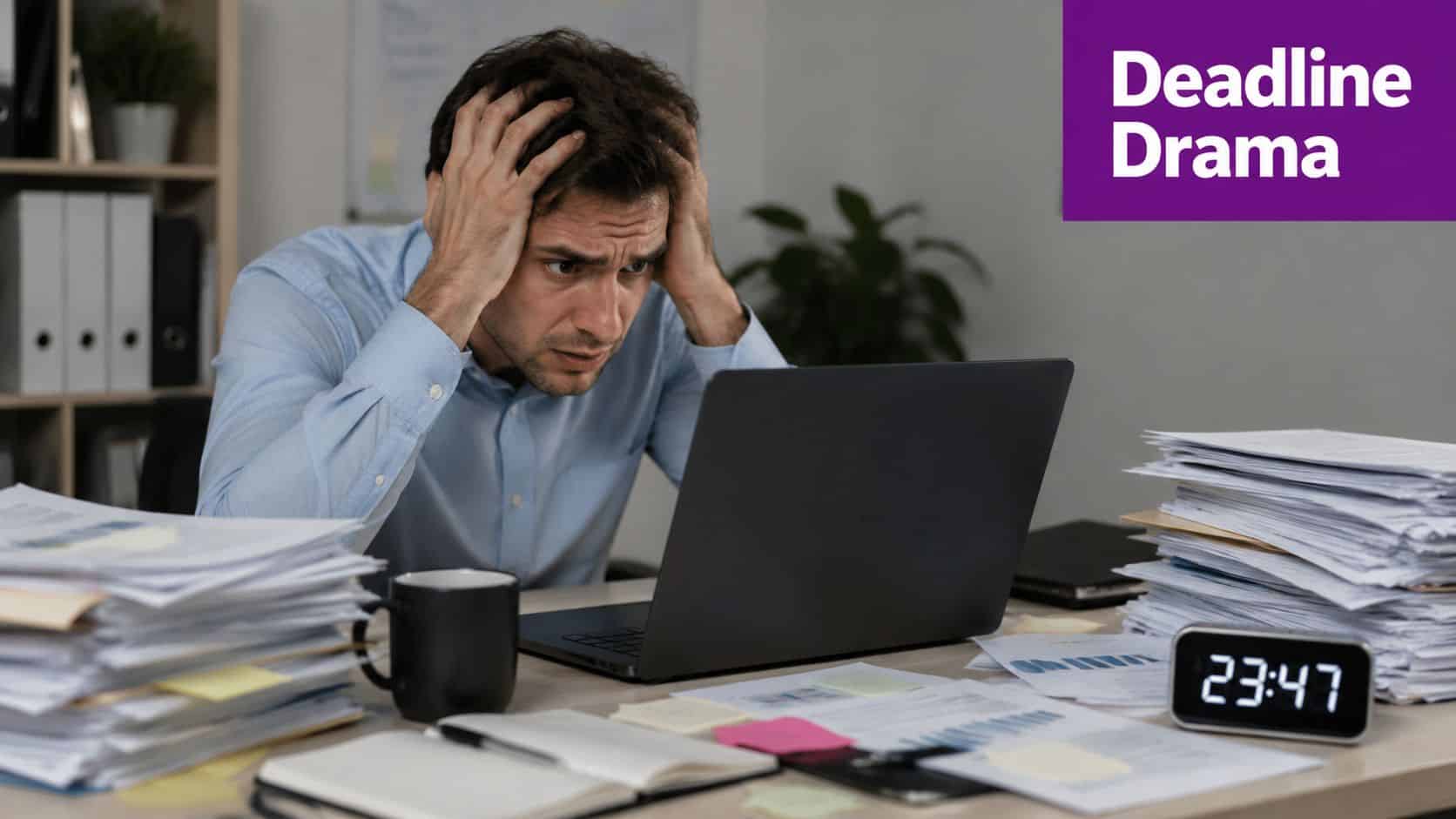 A stressed businessman holding his head in front of a laptop with piles of paperwork late at night.