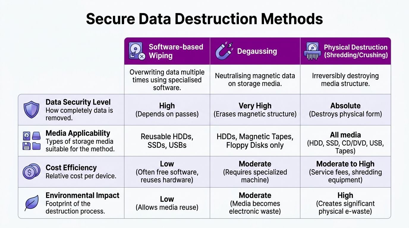 A comparison chart outlining secure data destruction methods including software wiping, degaussing, and physical shredding or crushing.
