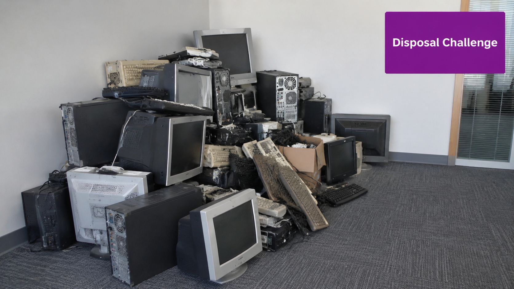 A large pile of obsolete computers, monitors, and keyboards stored in a room for waste disposal.