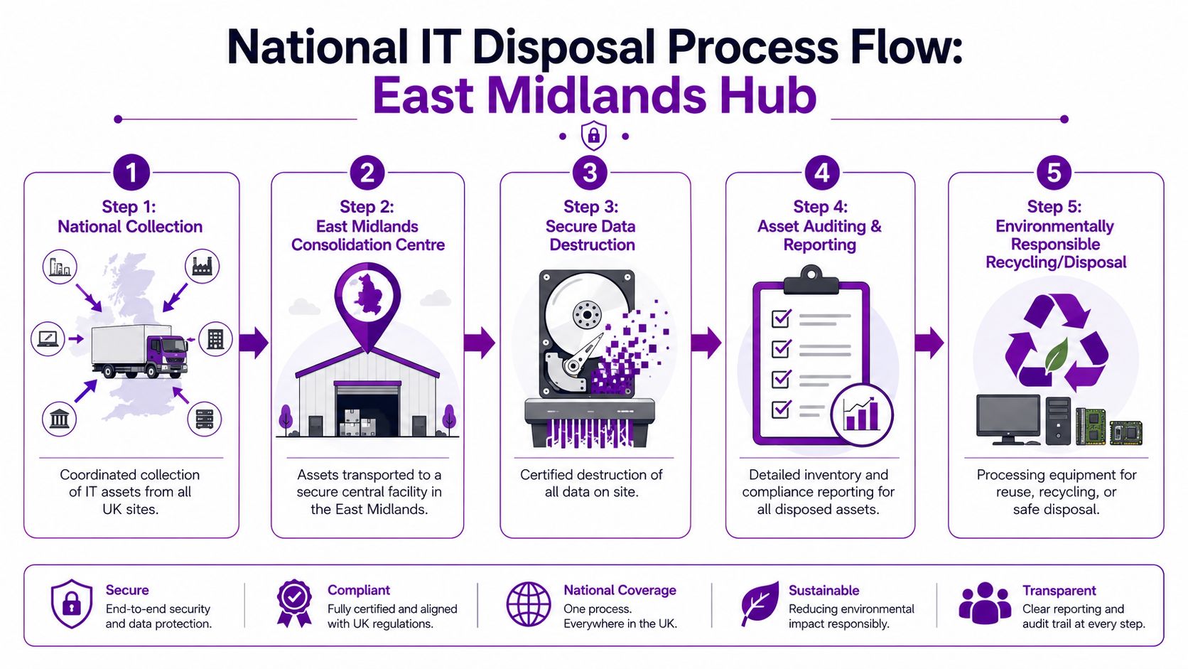 A flowchart detailing the five-step national IT disposal process at the East Midlands hub facility.