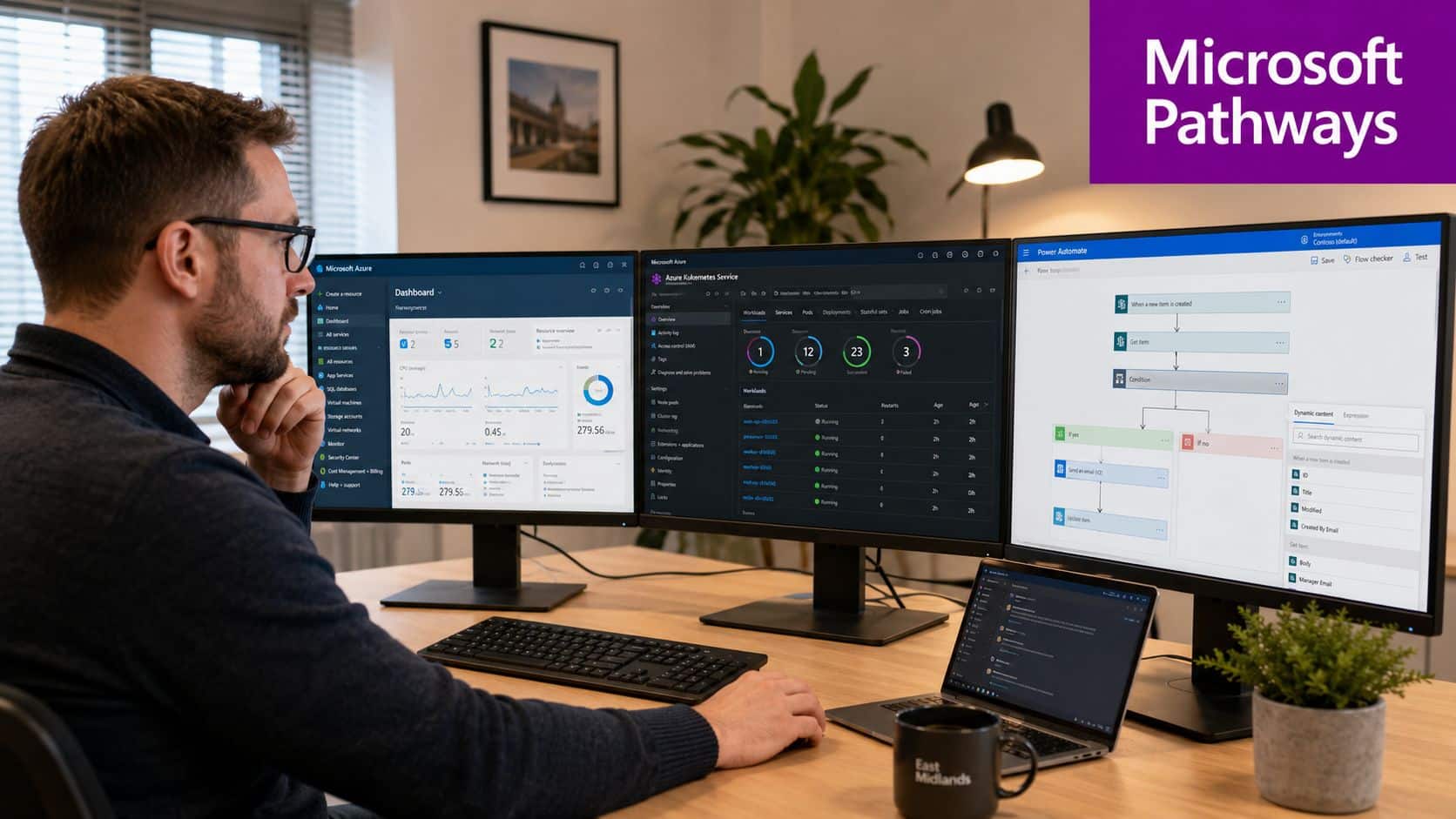 A professional developer analyzing cloud infrastructure and automated workflows across multiple desktop monitor screens in an office.