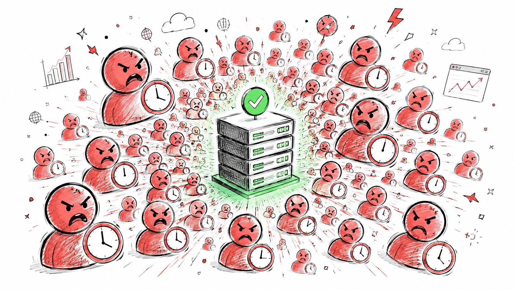 A hand-drawn illustration depicting a central server surrounded by many angry, impatient people with clocks.