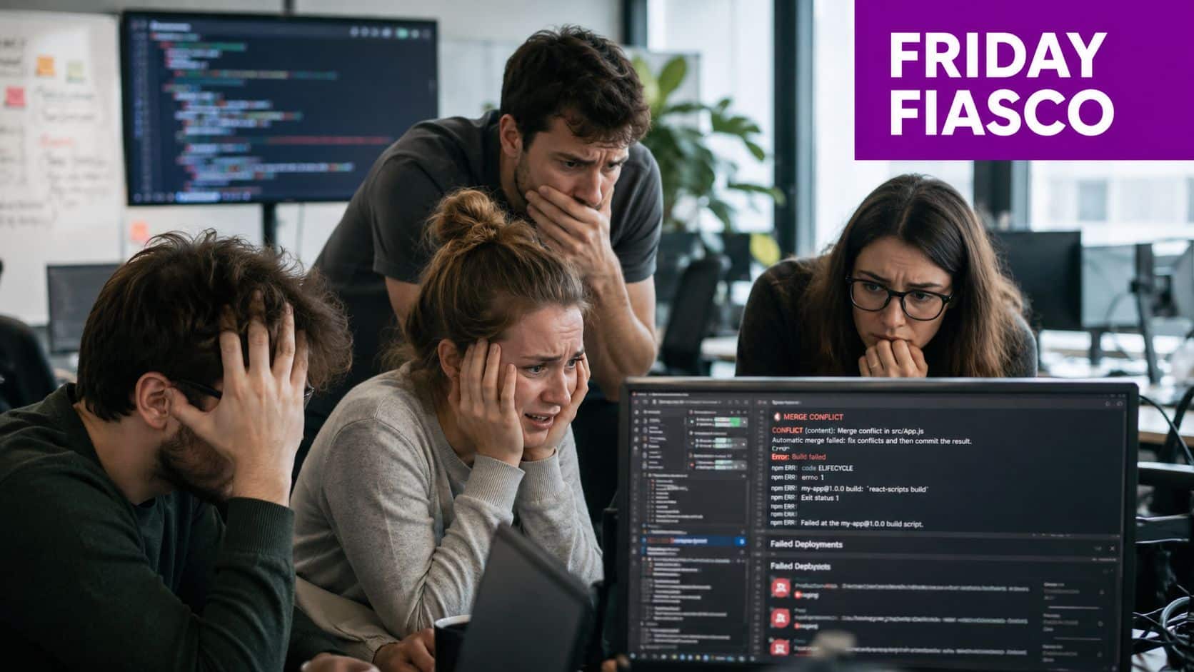 A team of stressed software developers look at a computer screen showing merge conflict and build errors.