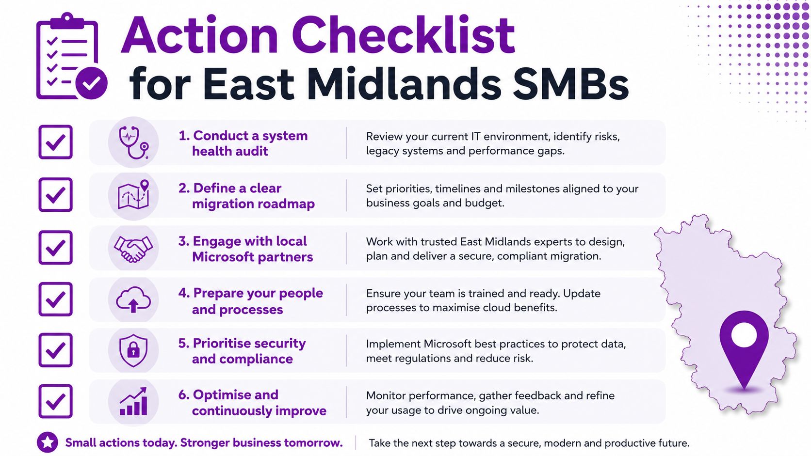A six-step checklist for East Midlands SMBs to improve their IT systems and digital infrastructure.
