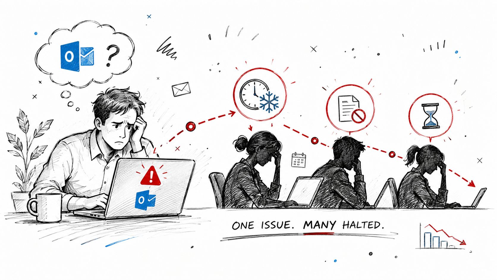 A hand-drawn sketch showing employees feeling frustrated due to Outlook software downtime and connectivity issues.