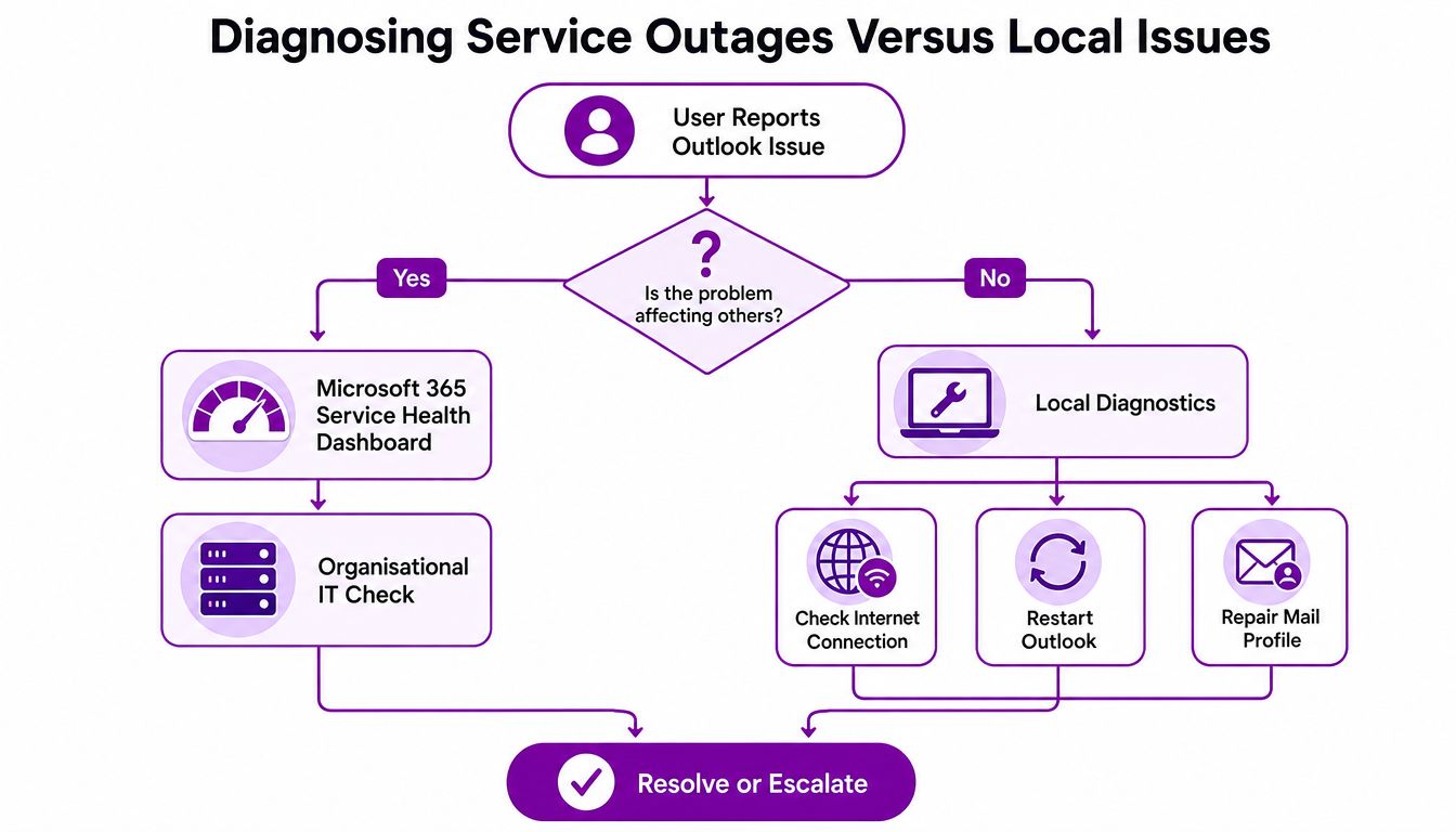 A flowchart diagram explaining the process for diagnosing and resolving Microsoft Outlook service outages versus local technical issues.