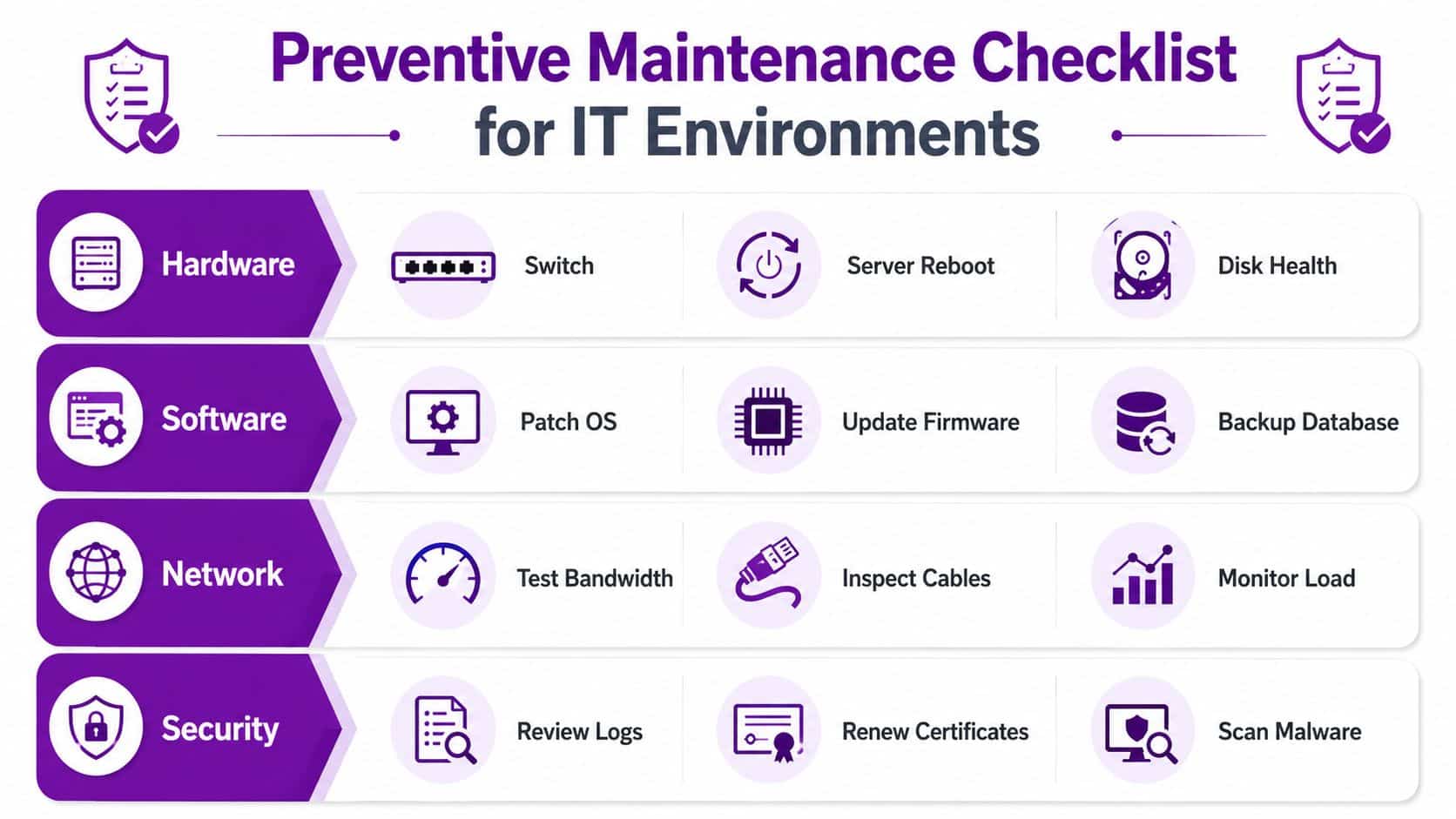 A preventive maintenance checklist for IT environments categorized by hardware, software, network, and security tasks.