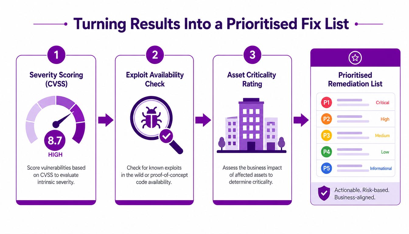 A diagram illustrating the three-step process for creating a prioritized vulnerability remediation list for businesses.