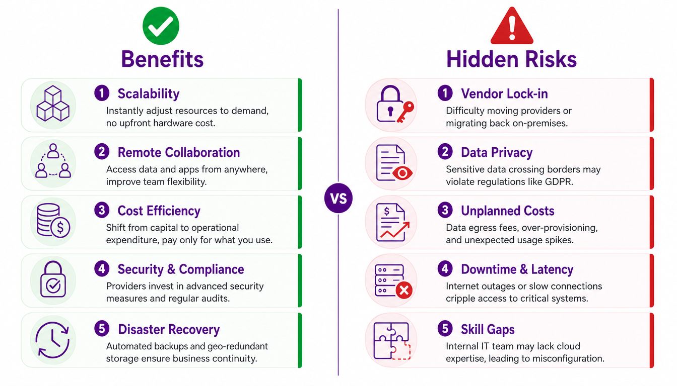 A comparison chart showing five key benefits and five hidden risks of cloud computing for businesses.