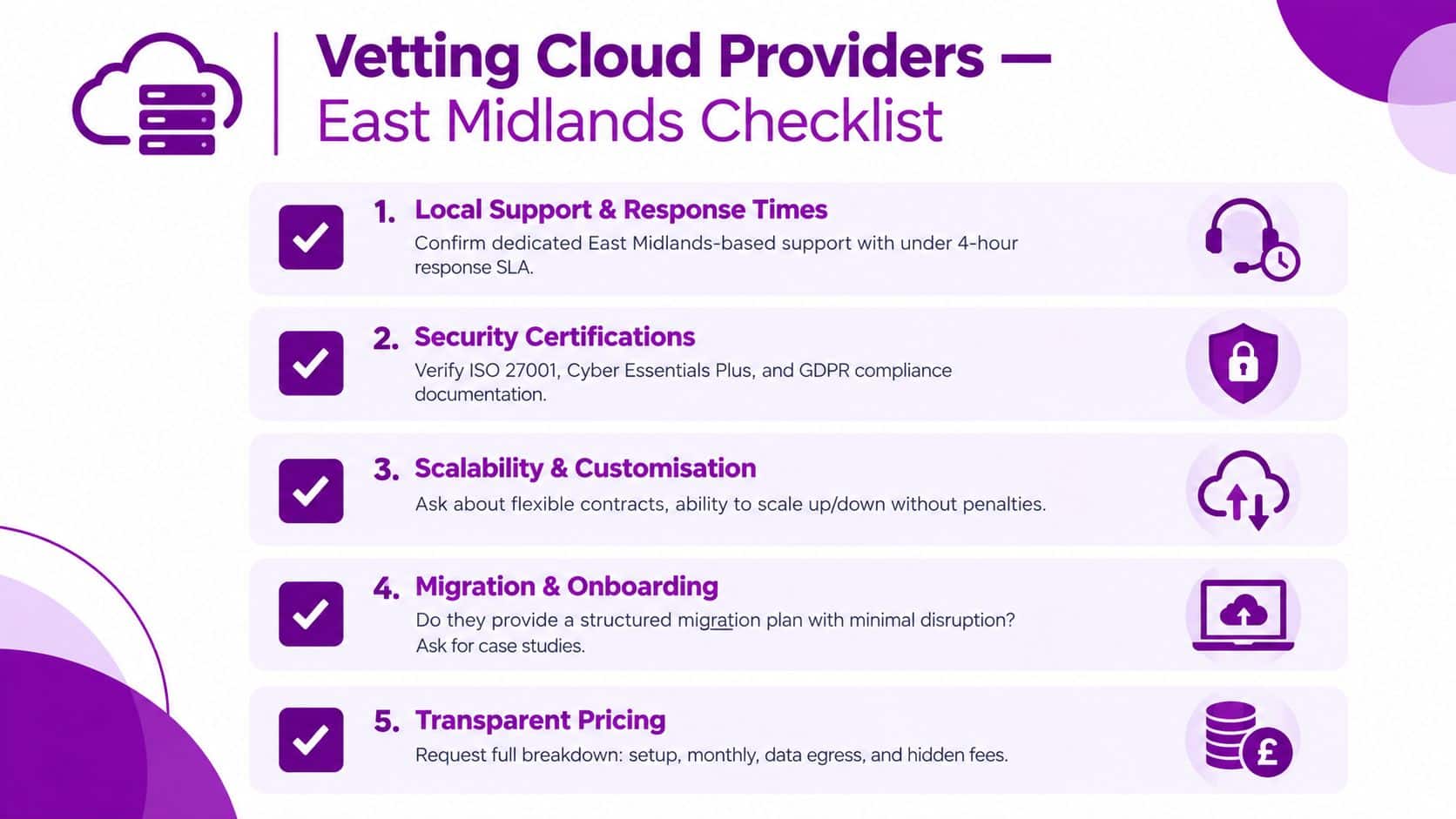 A checklist for businesses vetting cloud providers, specifically tailored for the East Midlands region.