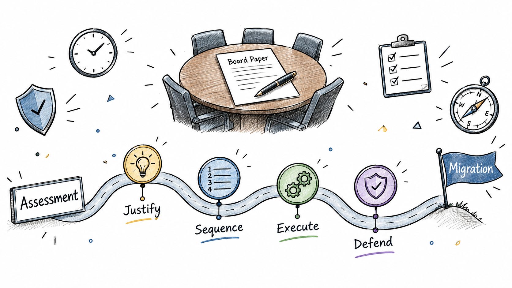 A conceptual illustration of a migration assessment process, showing steps like justify, sequence, execute, and defend.
