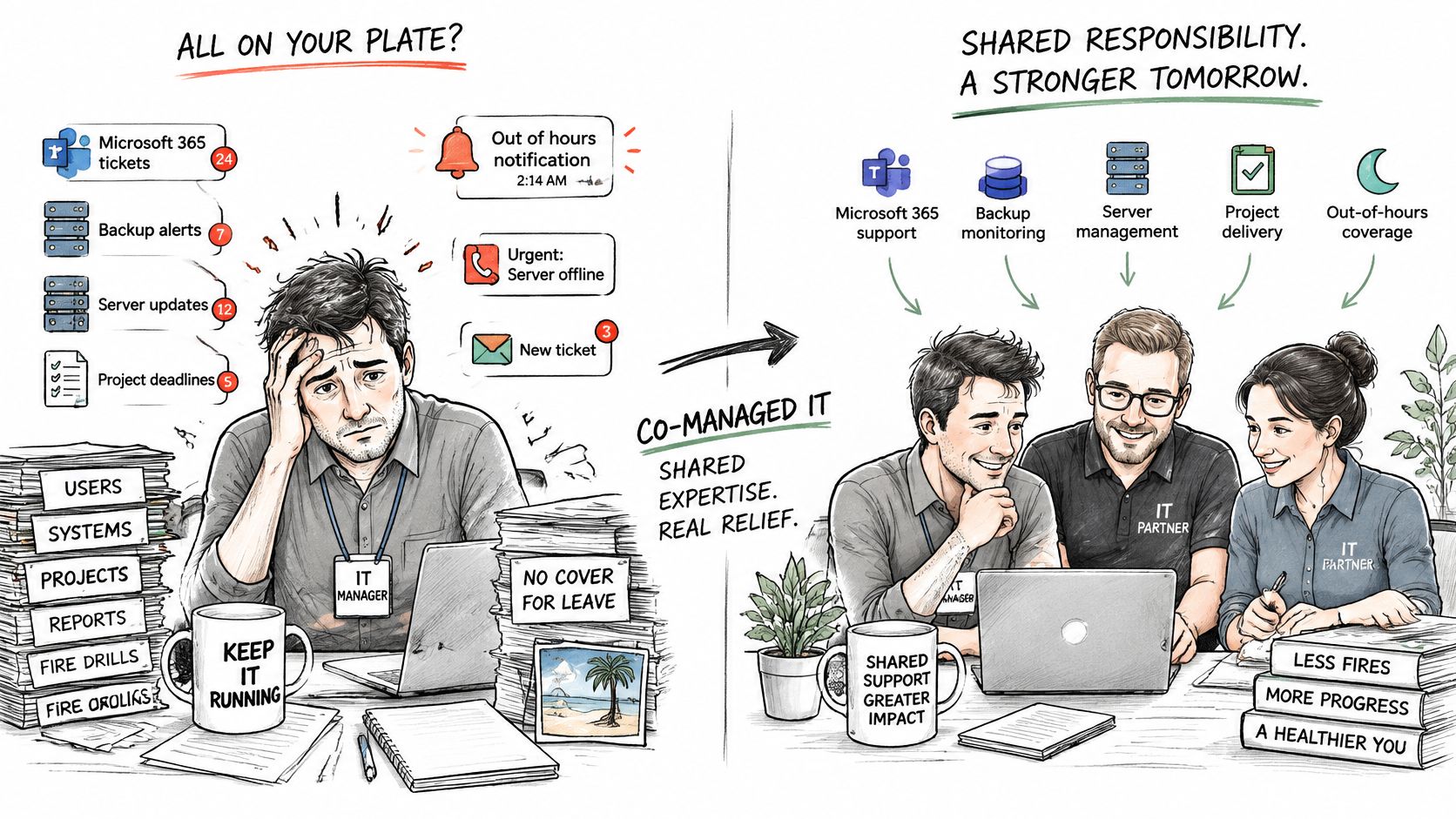 A comparison showing an overwhelmed IT manager compared to a supported team using co-managed IT services.