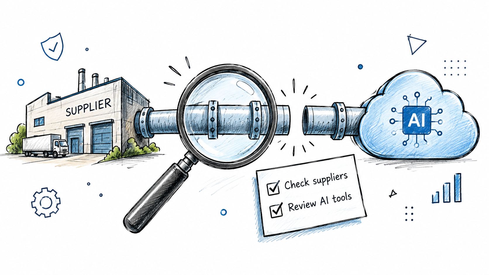 A hand-drawn illustration showing a factory supplier connected to an AI cloud via a pipe under inspection.