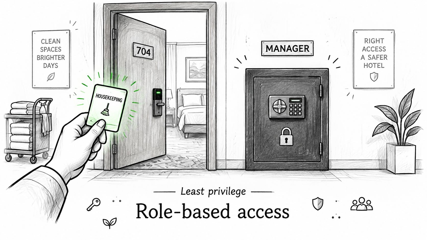 A hand holding a housekeeping access card in front of a hotel room door with role-based security.