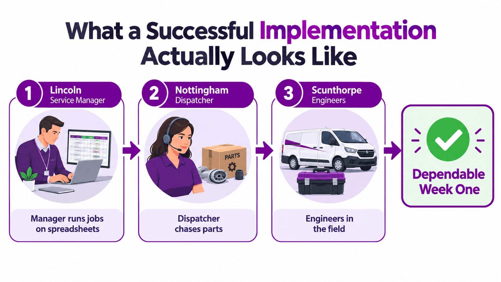 A diagram illustrating a three-step field service management workflow involving a manager, a dispatcher, and engineers.