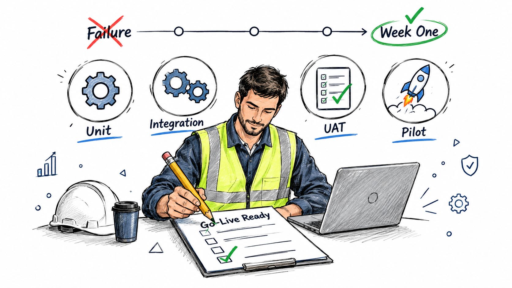 A professional in safety gear checking off items on a go-live ready document for software implementation.