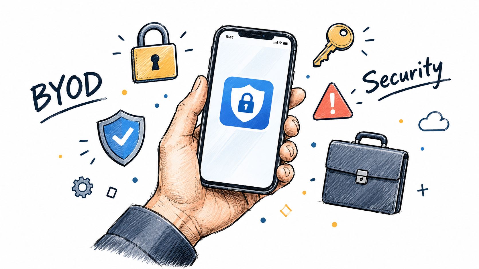A hand holding a mobile phone displaying a security shield icon, surrounded by business and cybersecurity symbols.