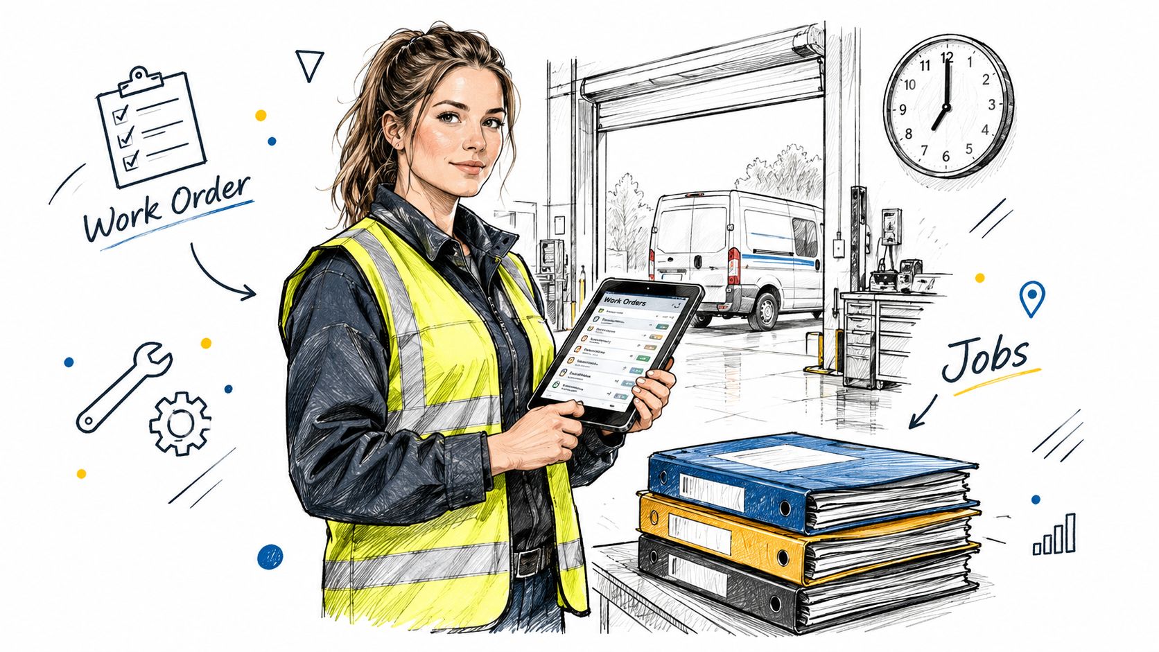 A service technician holding a tablet showing digital work orders in front of a warehouse and van.