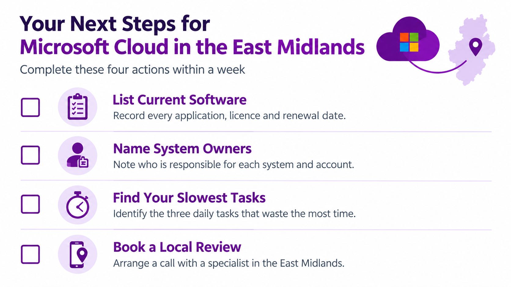 An infographic checklist for businesses in the East Midlands to prepare for Microsoft Cloud implementation.
