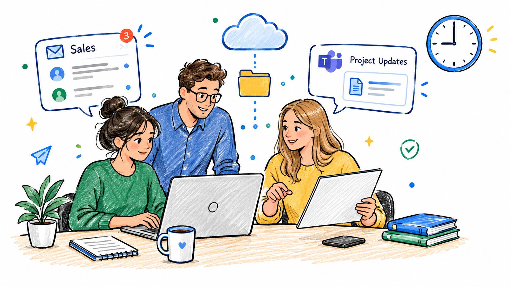 A professional team collaborating on a laptop with cloud icons, email notifications, and project updates displayed above.