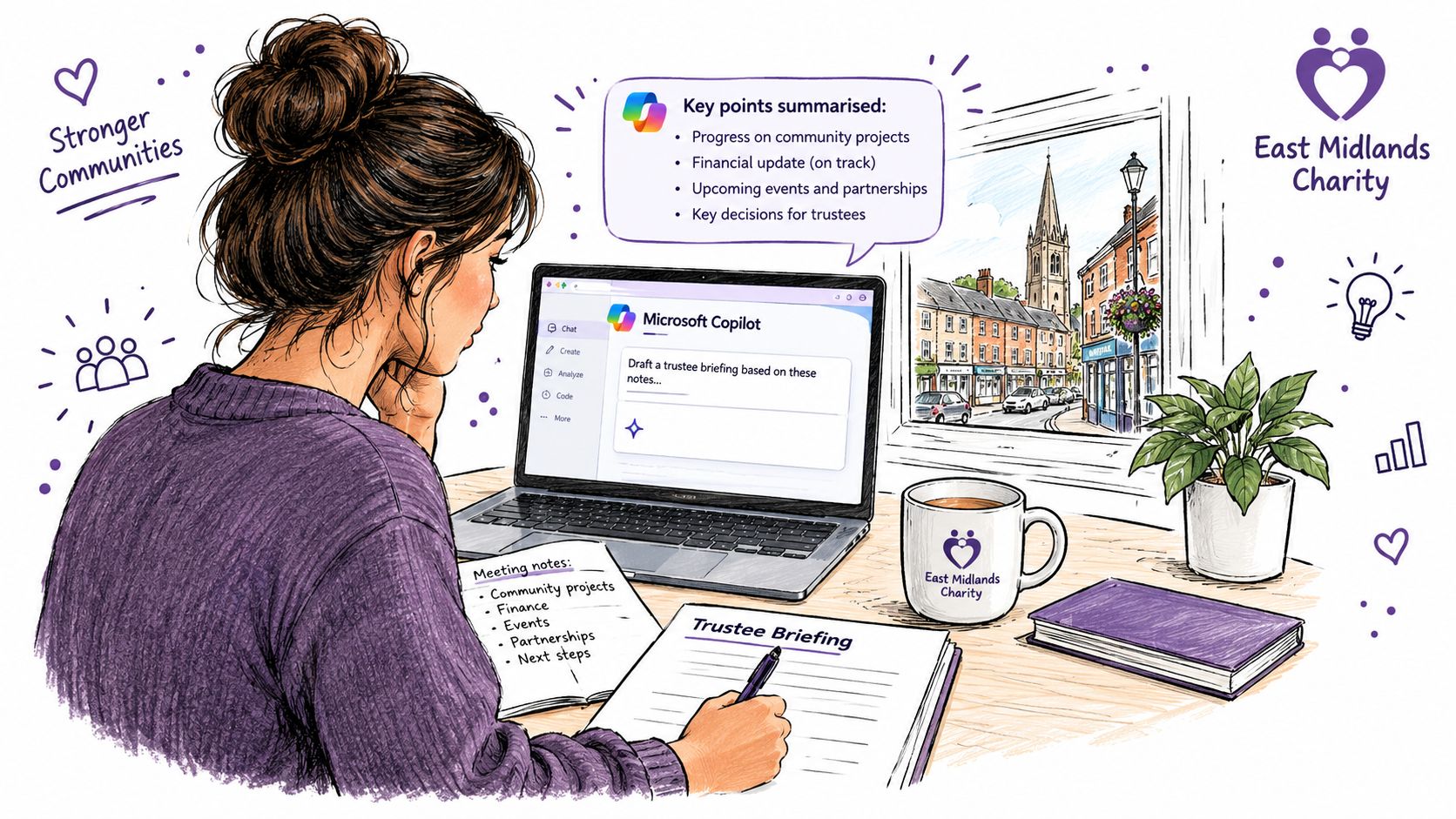 A person using Microsoft Copilot to summarize meeting notes for a trustee briefing at a desk.