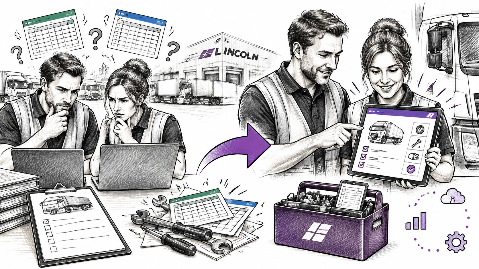 Employees transitioning from manual paperwork to digital fleet maintenance using Microsoft Power Apps on a tablet.