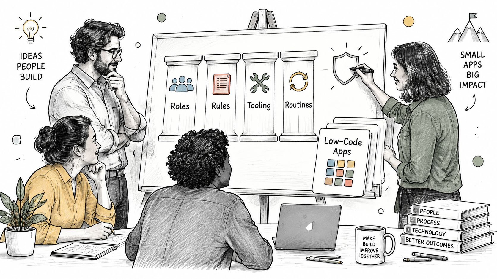 A diverse group of professionals collaborating on a low-code app development strategy around a whiteboard.