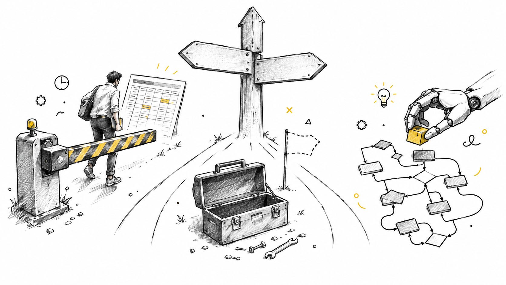 A conceptual sketch showing a man passing a barrier towards a crossroads, a toolbox, and a robotic hand managing a workflow chart.