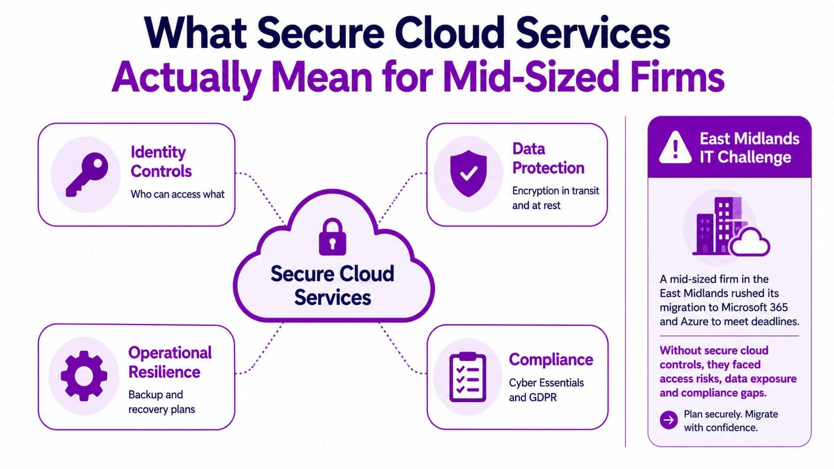 A diagram illustrating four key components of secure cloud services for mid-sized firms, including compliance and resilience.