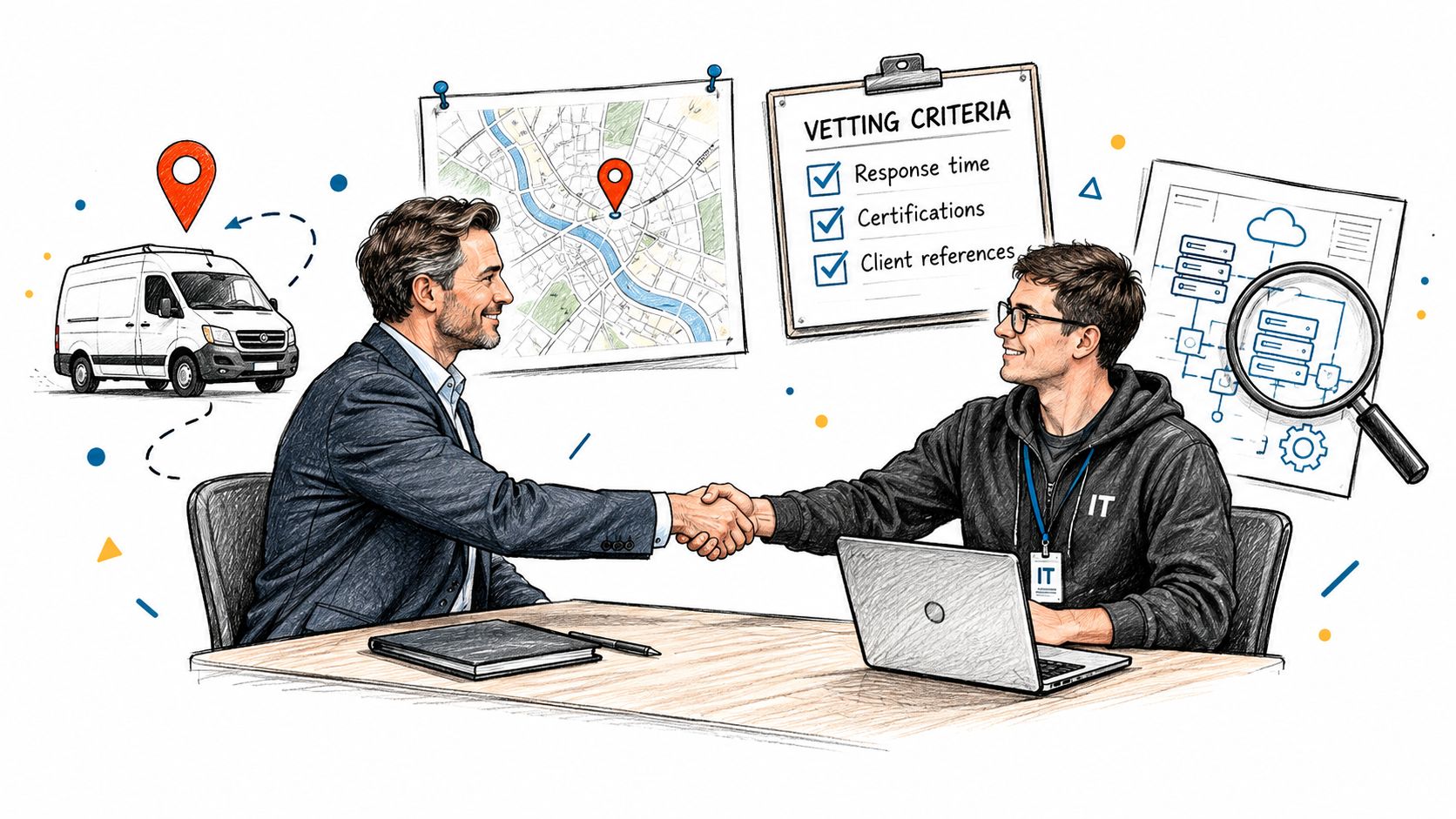 A professional business meeting where a consultant and an IT specialist shake hands in an office setting.