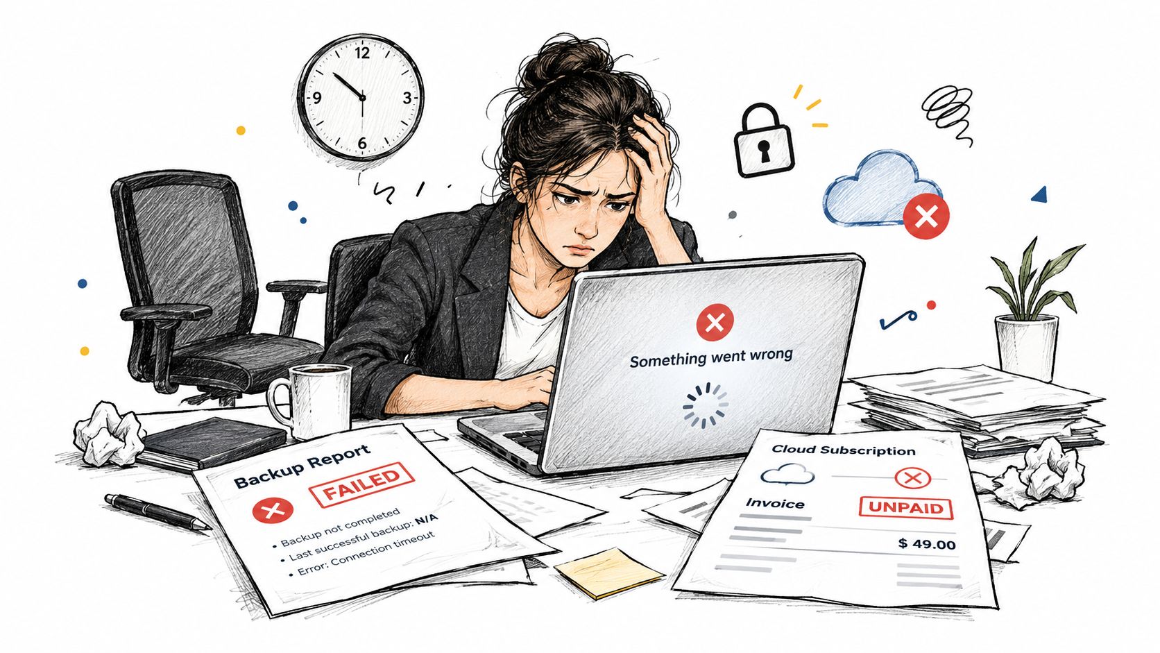 A stressed woman working at her desk with a failed laptop backup and unpaid cloud subscription invoice.