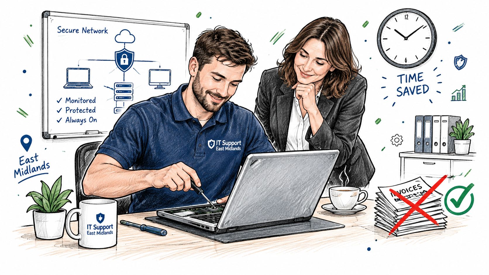 A professional IT support technician repairing a laptop while a client looks on in a modern office.