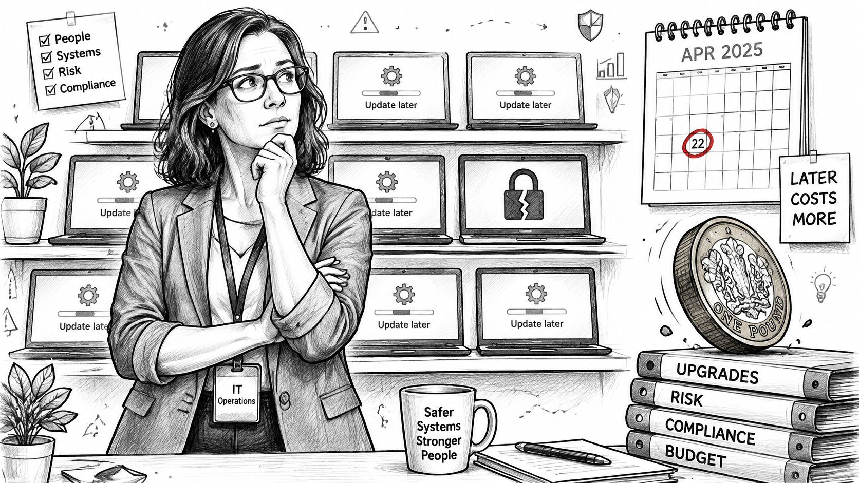 A professional woman in an office contemplating pending computer software updates and upcoming system security risks.